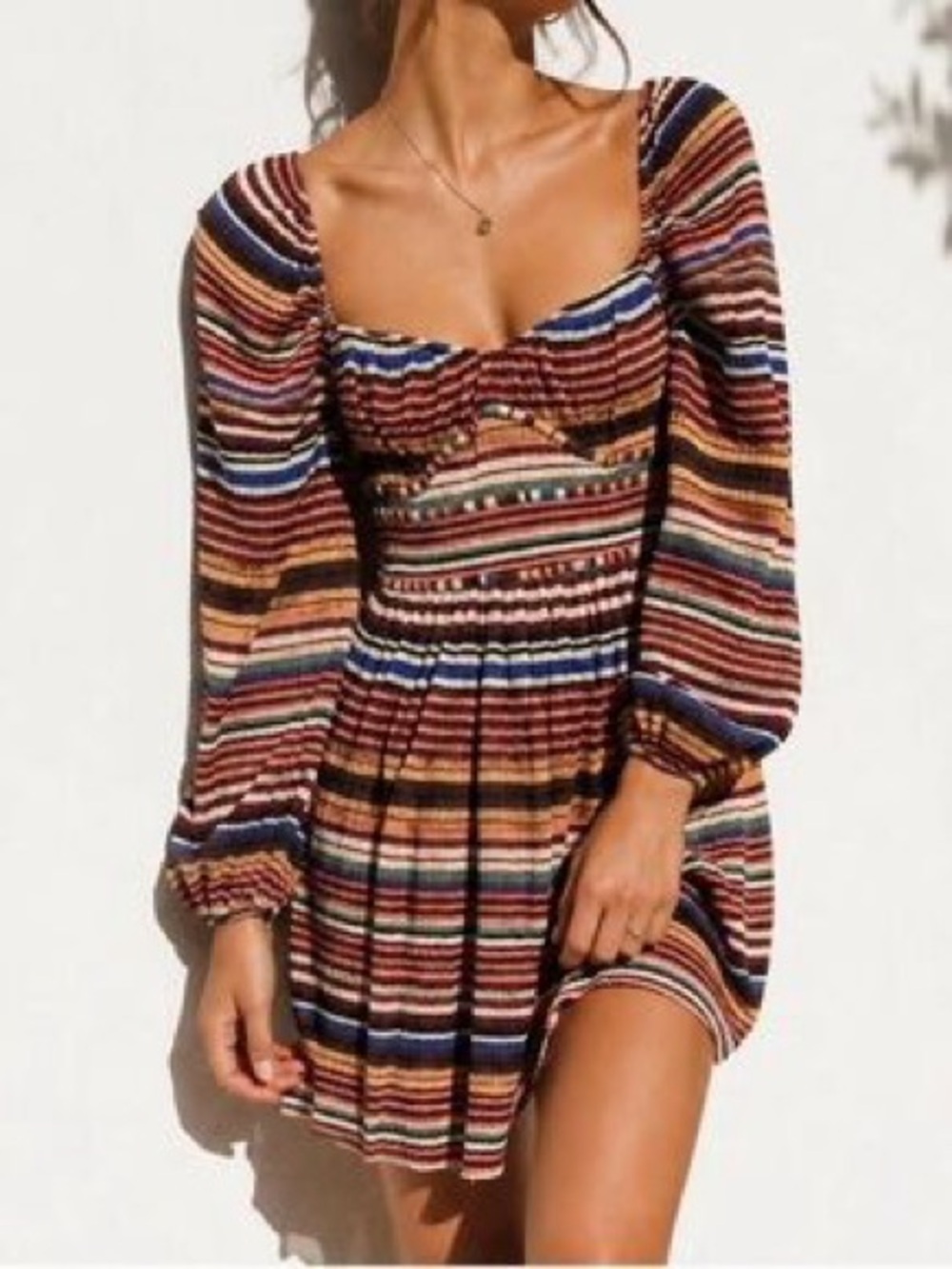 Zara Pleated Multicolored Striped Balloon Sleeve Dress